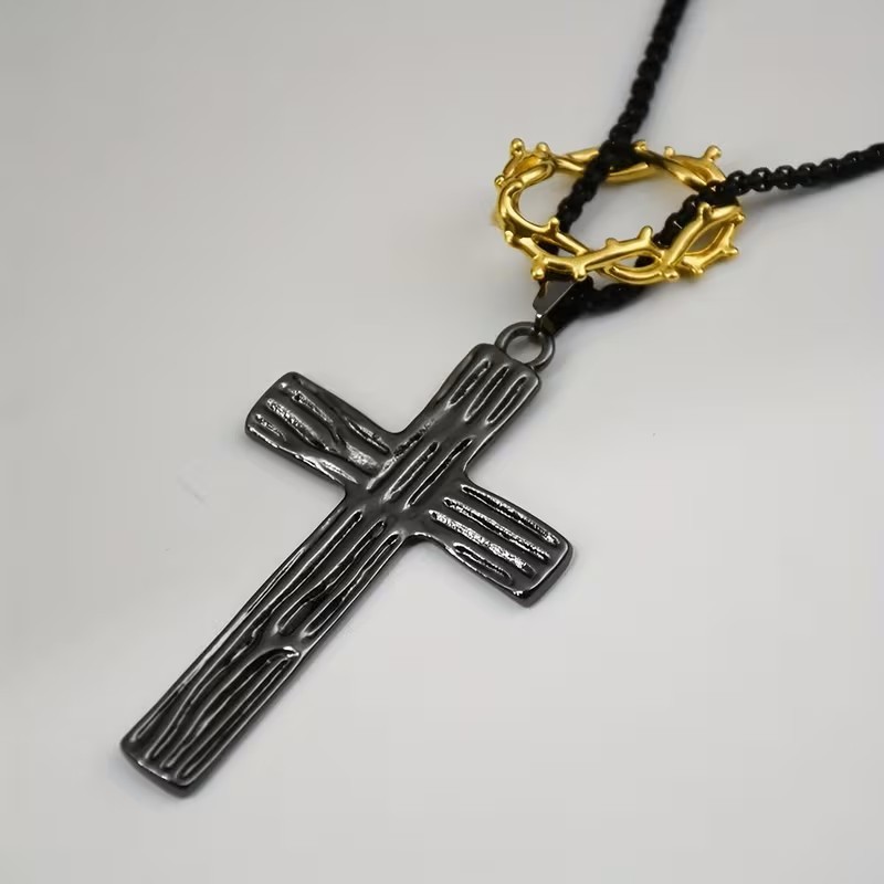 Black Christian Cross Necklace Crown of Thorns Pendant Religious Gift Jesus Mens