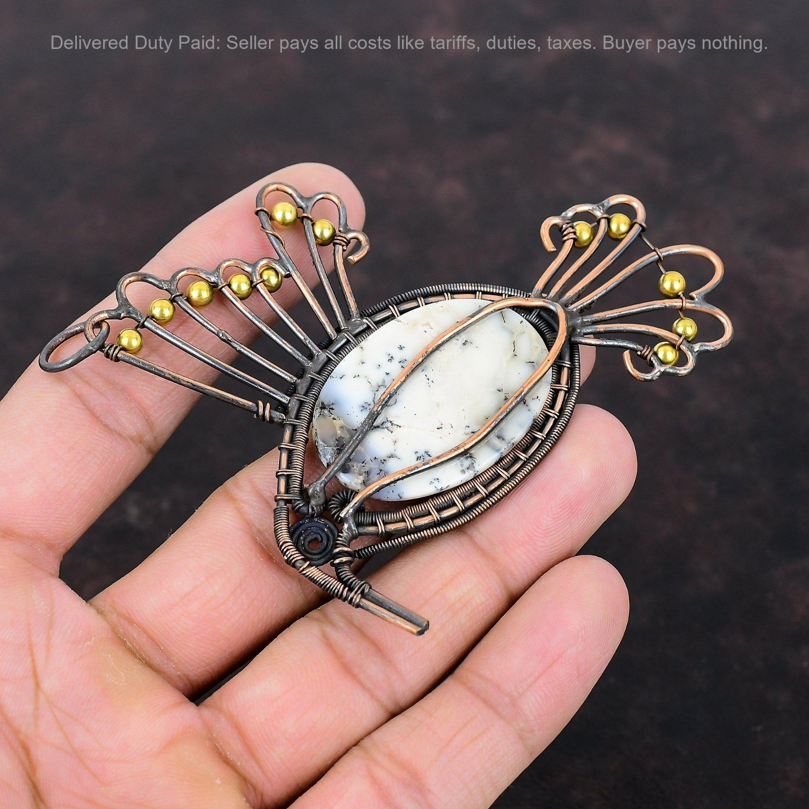 Copper Dendrite Opal Stone Elegant Mother Wire Wrapped Bird Boho Pendant Jewelry