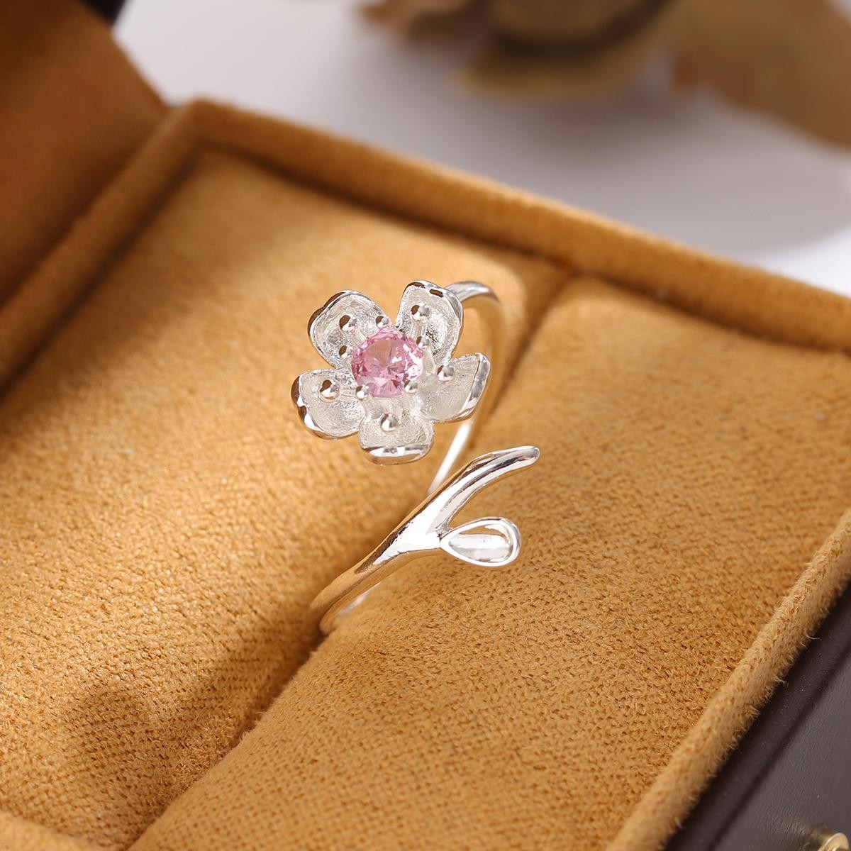 925 Sterling Silver Pink Crystal Flower Open Ring Elegant Adjustable Women Jew..