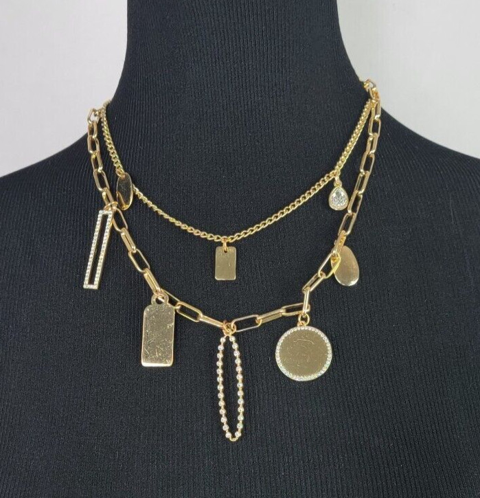 Modernist Gold Tone Clear Crystal Double Chain Multi Charm Necklace 20.5 In Adj.