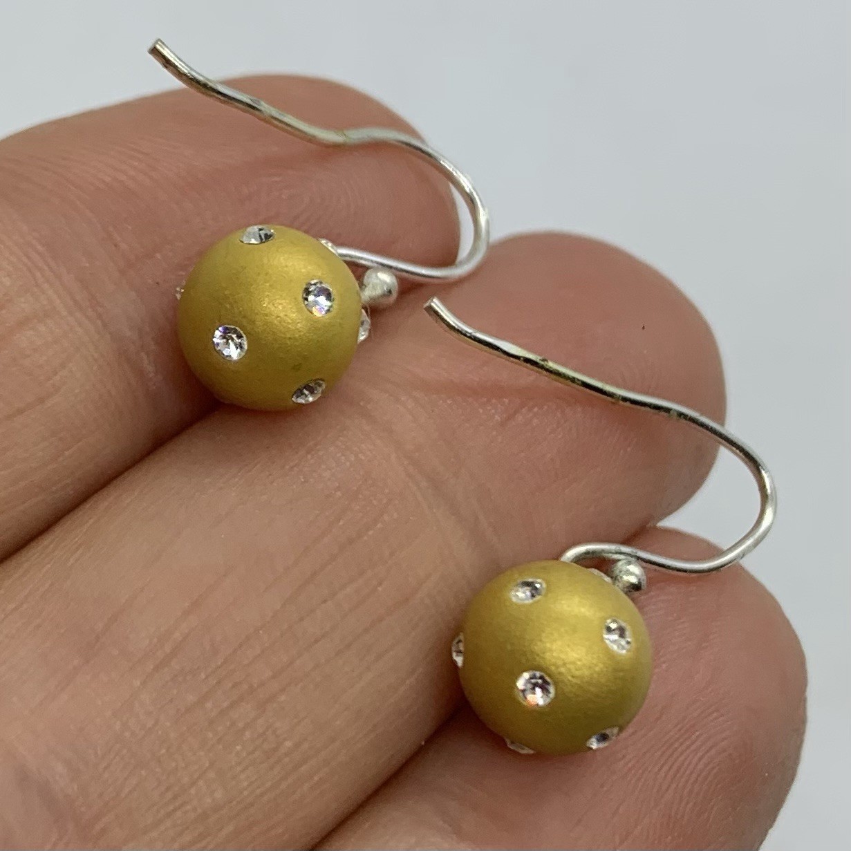 Vtg Matte Gold Pave Crystal Ball Orb Bead Petite Dangle Earrings Hook