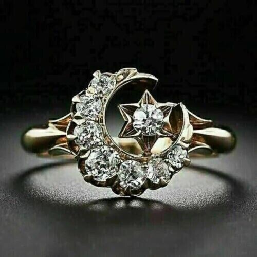 2 Ct Round Cut Moissanite Fancy Moon Star Engagement Ring 14K Yellow Gold Plated