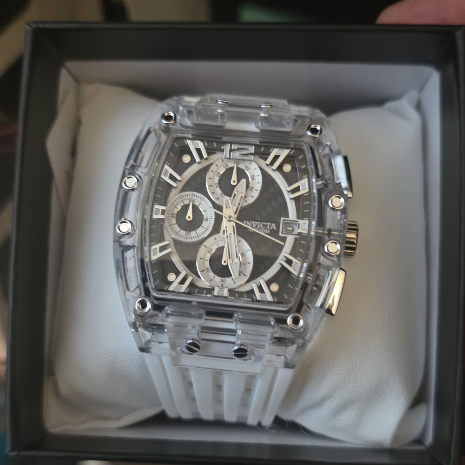 Invicta Quartz Chronograph Sport Analog Date Gray Dial Clear/White Strap Box