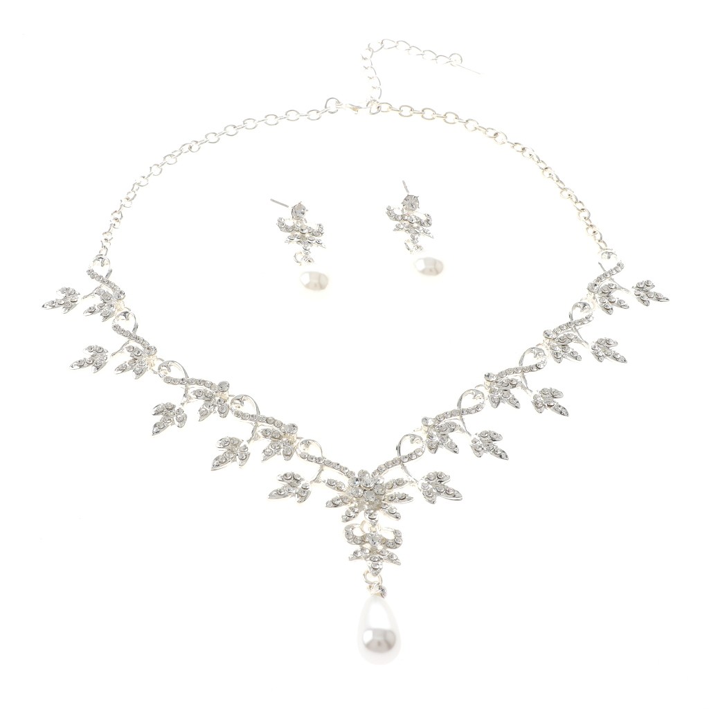 Silver Tone Alloy Metal Rhinestone Necklace Earring Set S20702-SWH