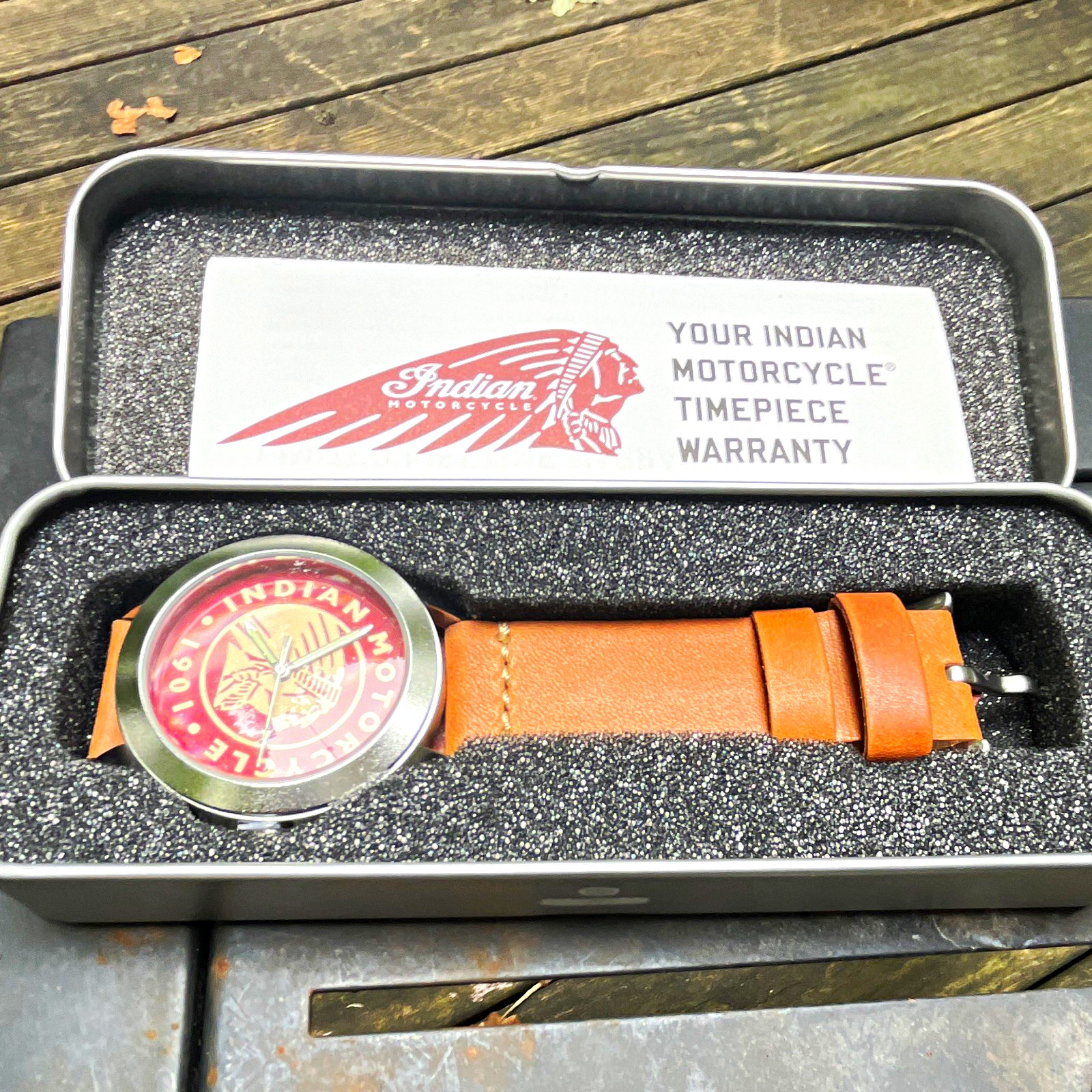 Indian Motorcycle Quartz Analog Watch Red Dial Brown Leather Strap w/ Box