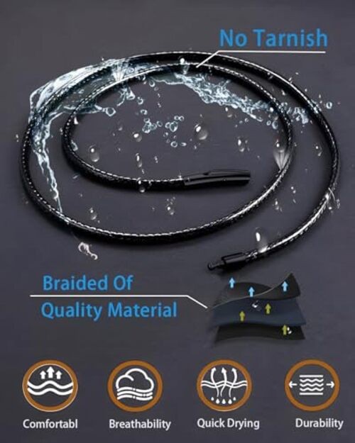 Waterproof Braided Leather 2MM/3MM/4MM/5MM ，14″ to 42″ 20 x 0.12 inches Black