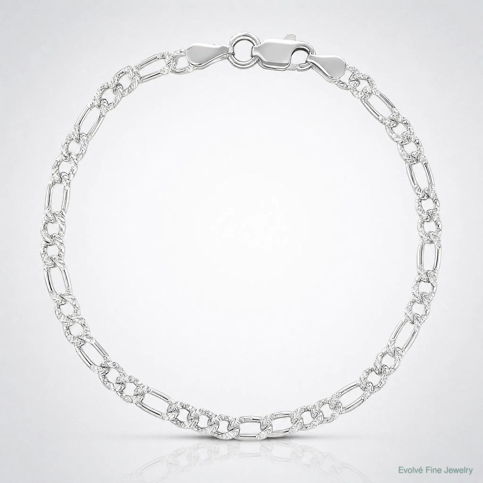 Sterling Silver 3mm Pavé Flat Figaro Chain Bracelet 7″-8″