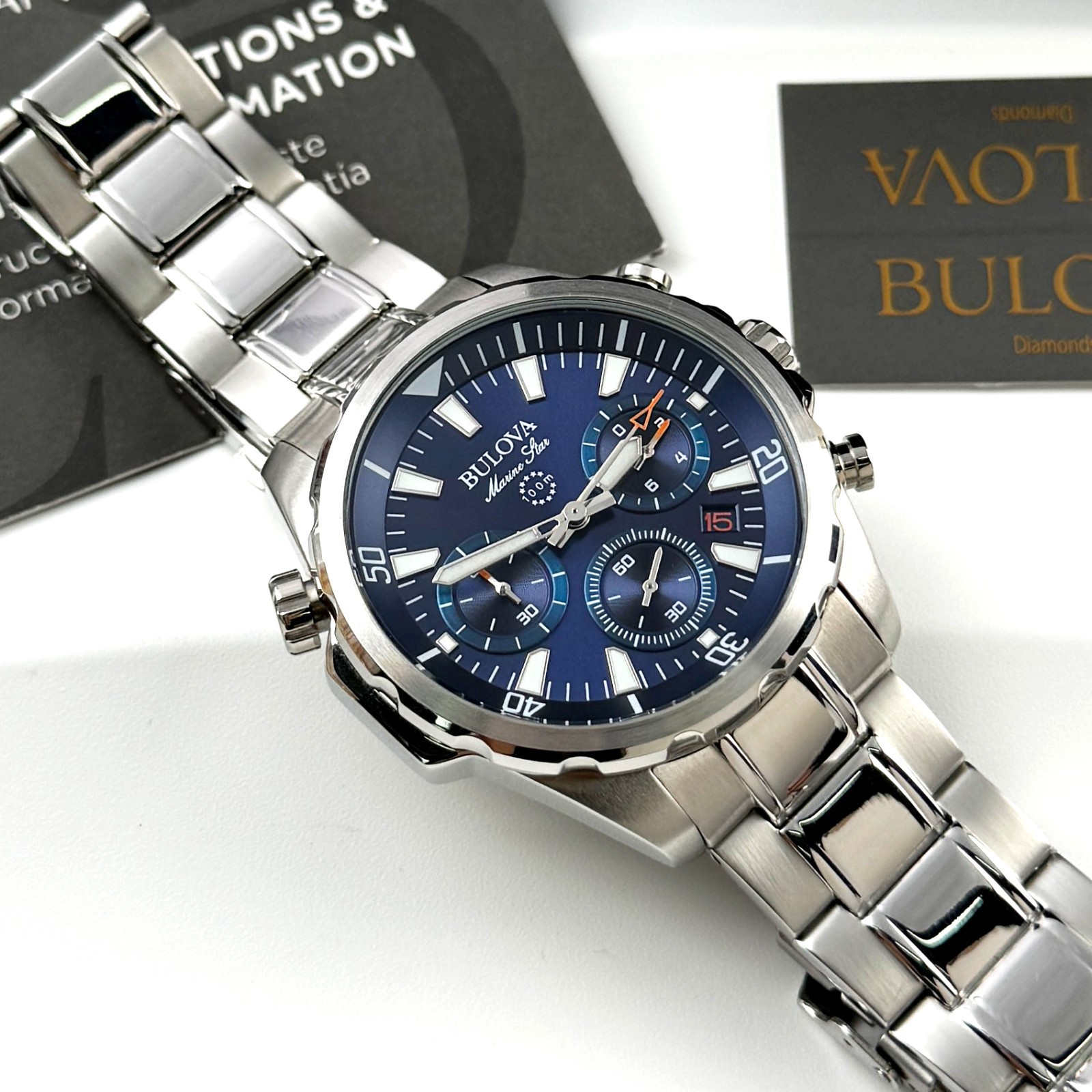 Bulova Men’s New 96B256 Marine Star Chronograph Watch Blue Dial 43mm