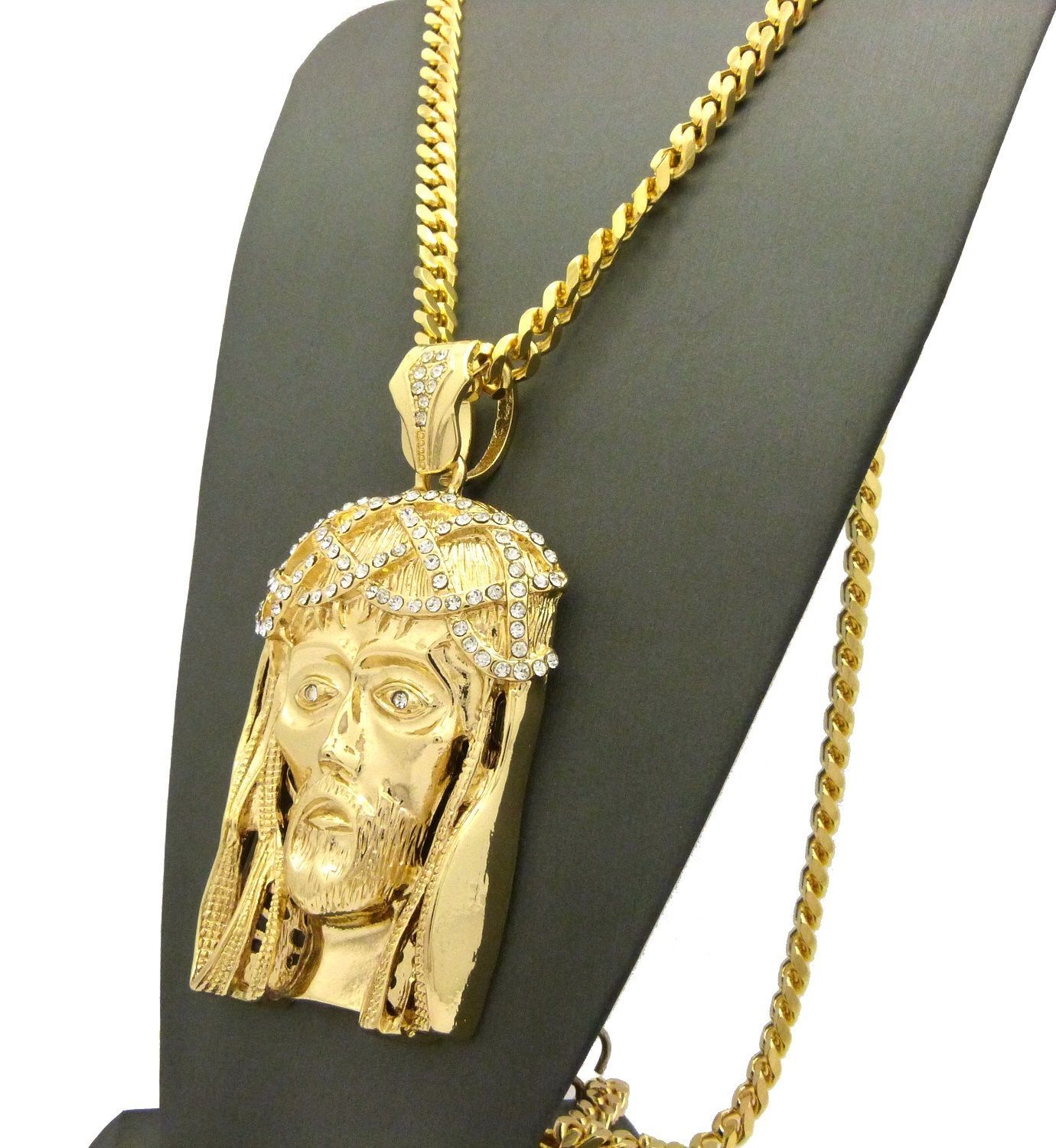 Hip Hop Iced Gold Plated Alloy Cubic Zirconia Big Jesus 30″ Cuban Chain Necklace