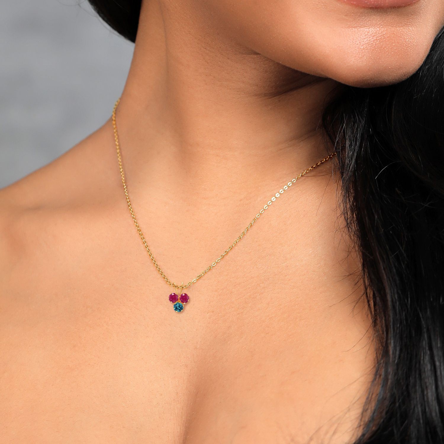 14K Yellow Gold Ruby and London Blue Topaz 3-Stone Pendant Necklace For Women
