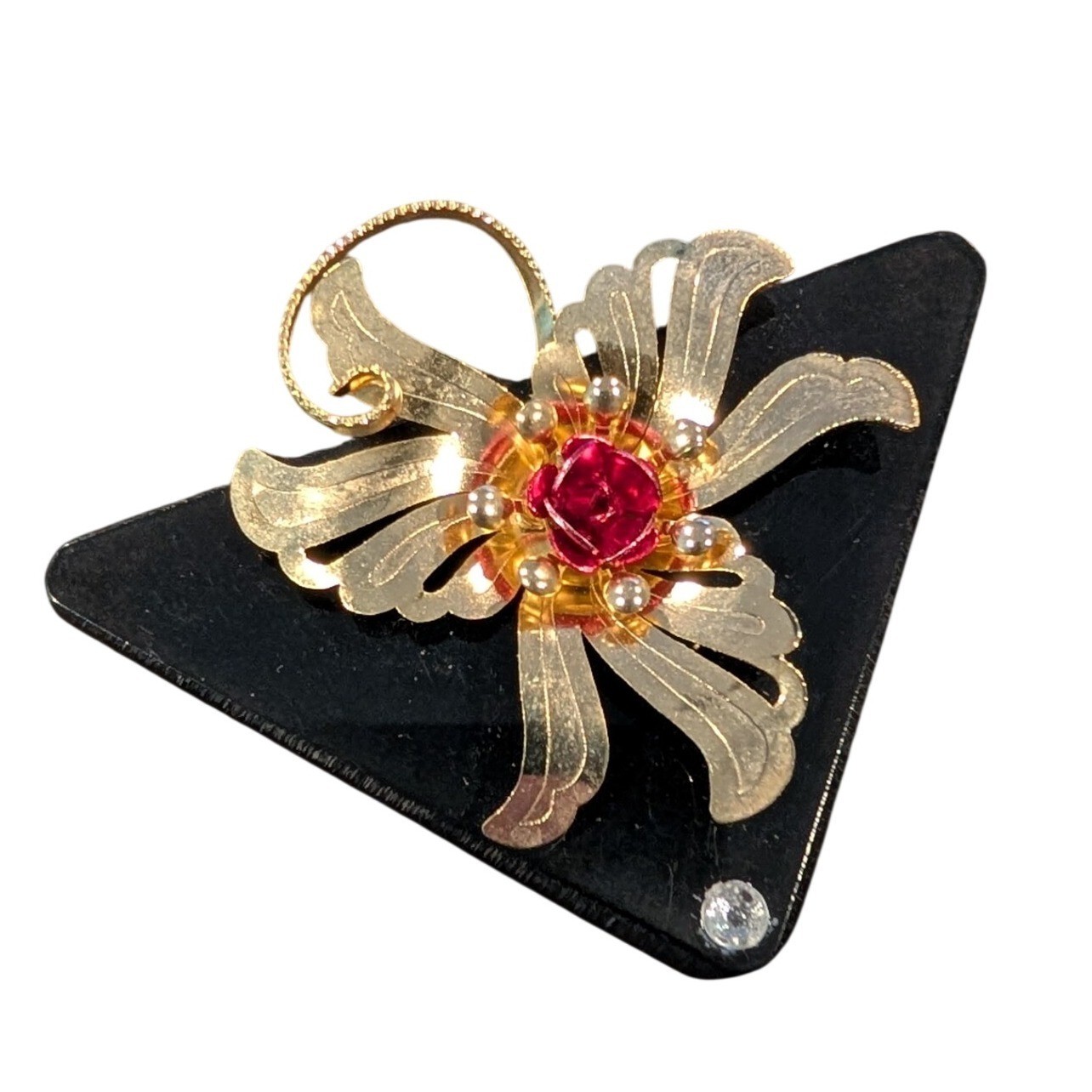 Vintage Gold Tone Red Rose Flower Brooch Black Triangle Acrylic Rhinestone Pin