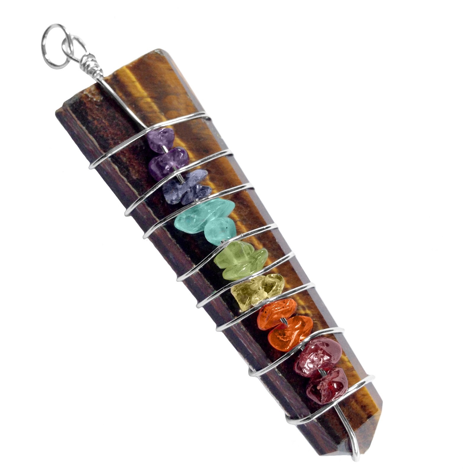 Tigers Eye 7 Chakra Wire Wrap Pendant Necklace HANDMADE Point Reiki CHARGED