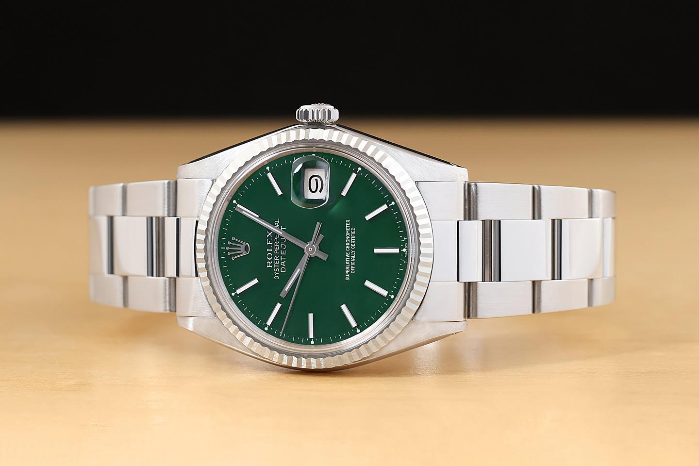 ROLEX MENS DATEJUST 18K GOLD STAINLESS STEEL GREEN DIAL WATCH w/ OYSTER BAND