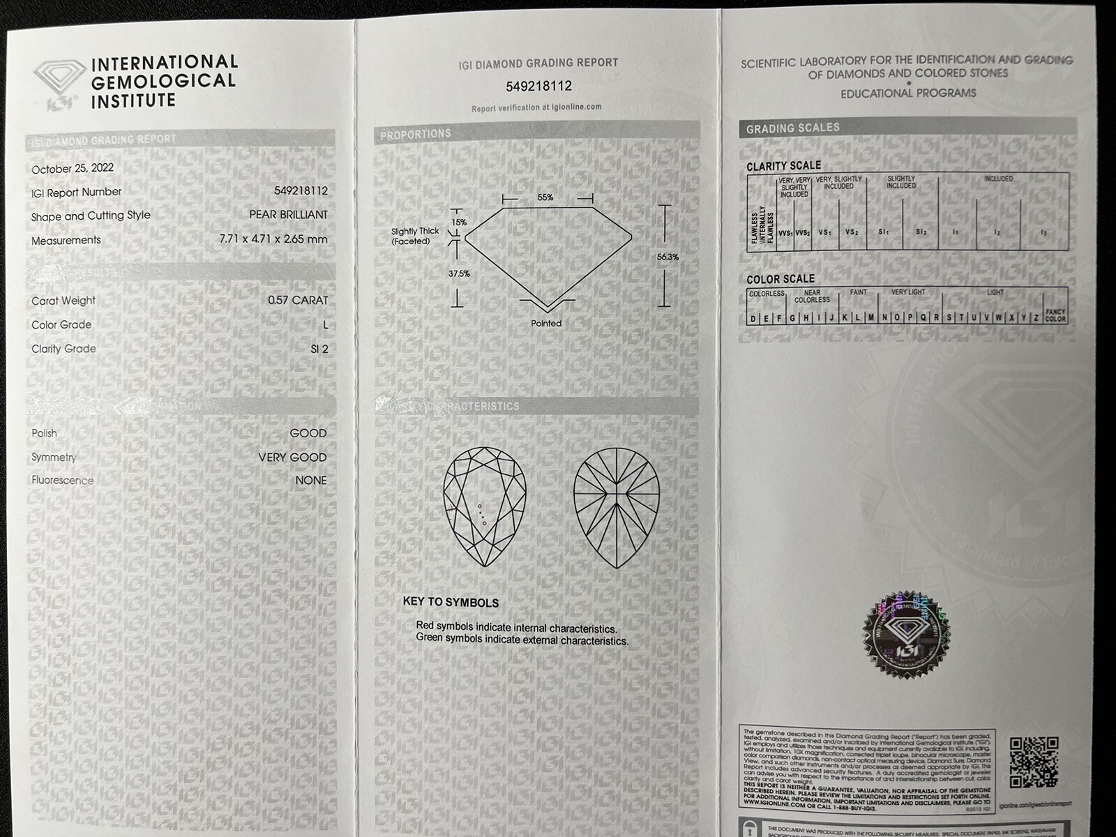 IGI,0.57 Ct,SI2 Clarity,L Color ,Pear Cut Natural Diamond!