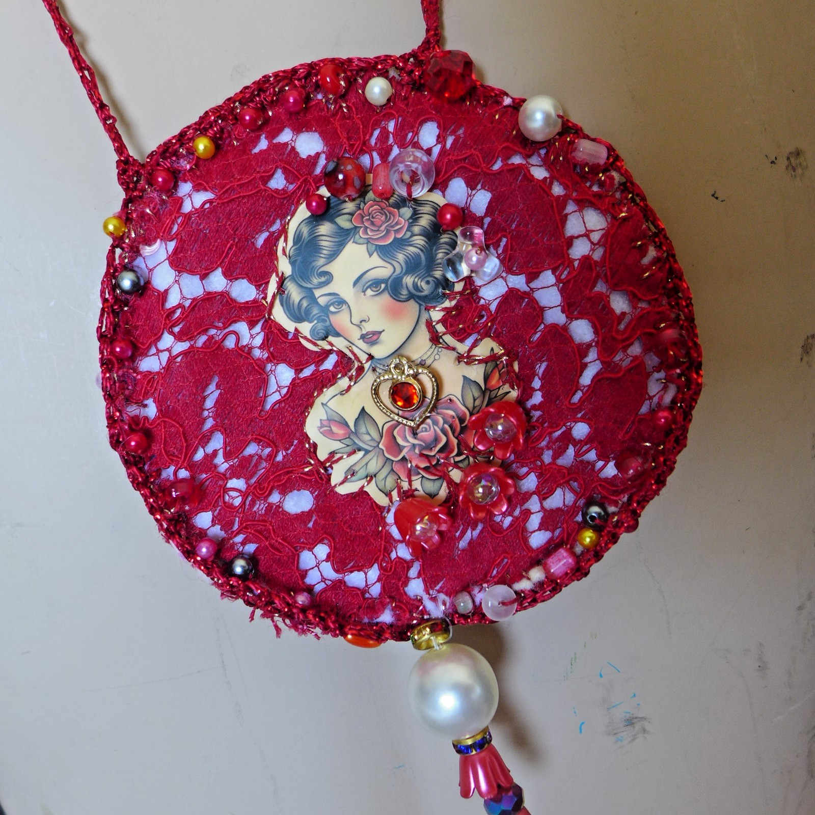 Handmade Crocheted art Necklace Cotton Fabrics embroidered crocheted+ Beads