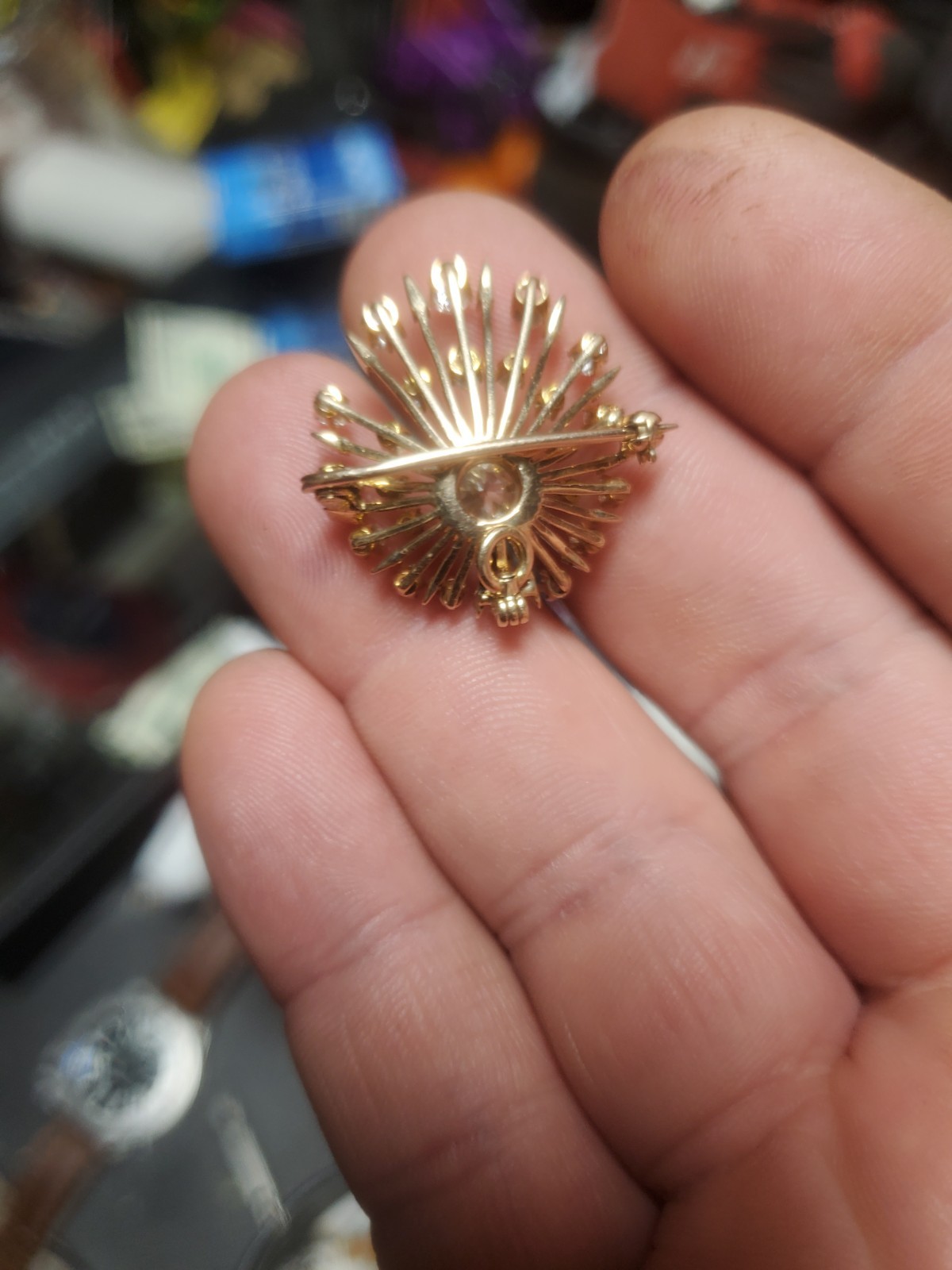 Natural Diamond Sunburst Brooch Pin Pendant 18k Yellow Gold