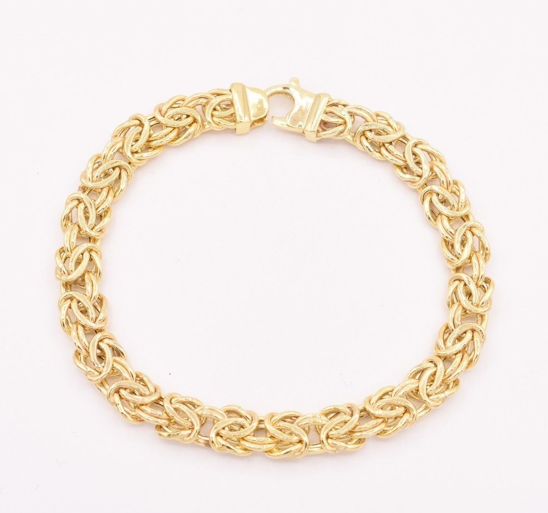 7mm All Shiny Classic Dome Byzantine Bracelet Lobster Lock Real 14K Yellow Gold