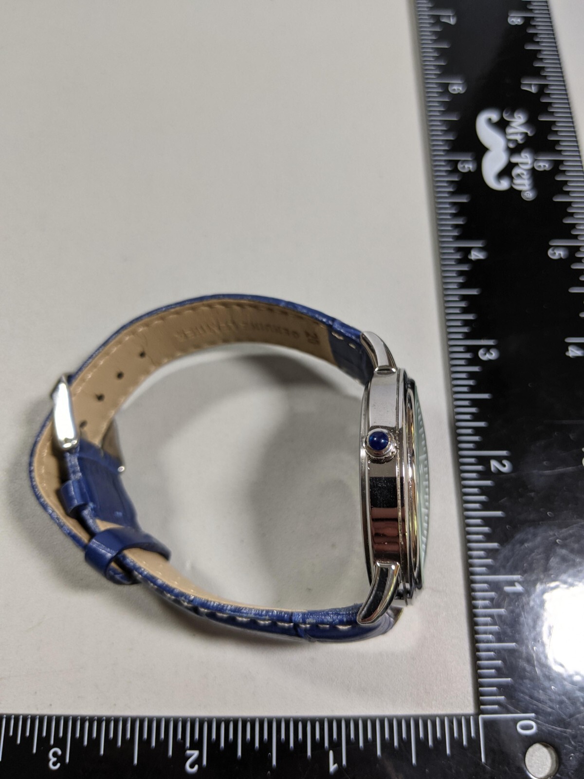 Oofay Silver Tone Dial Central Second Hand Round Case 42 mm Blue Leather Watch