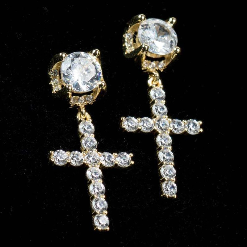 Iced Stud Cross Drop Hanging Huggie Dangle Hoop Sterling Silver Cz Gold Plated