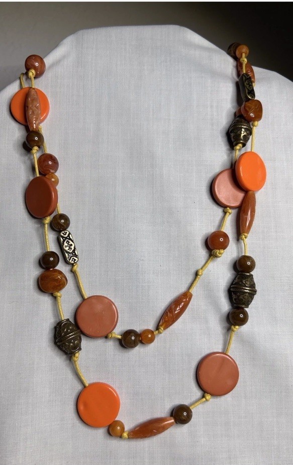 Vintage Acrylic Plastic Metal Beaded Necklace ~ 44” ~ Glowy Amber Orange Discs