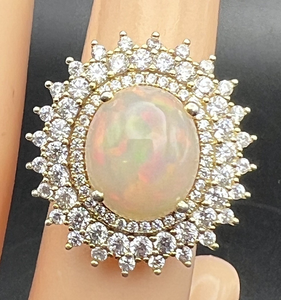 Opal and Cubic Zirconia GP Sterling Silver Ring – sz 5 – TW 6.8 gr – Item #1046