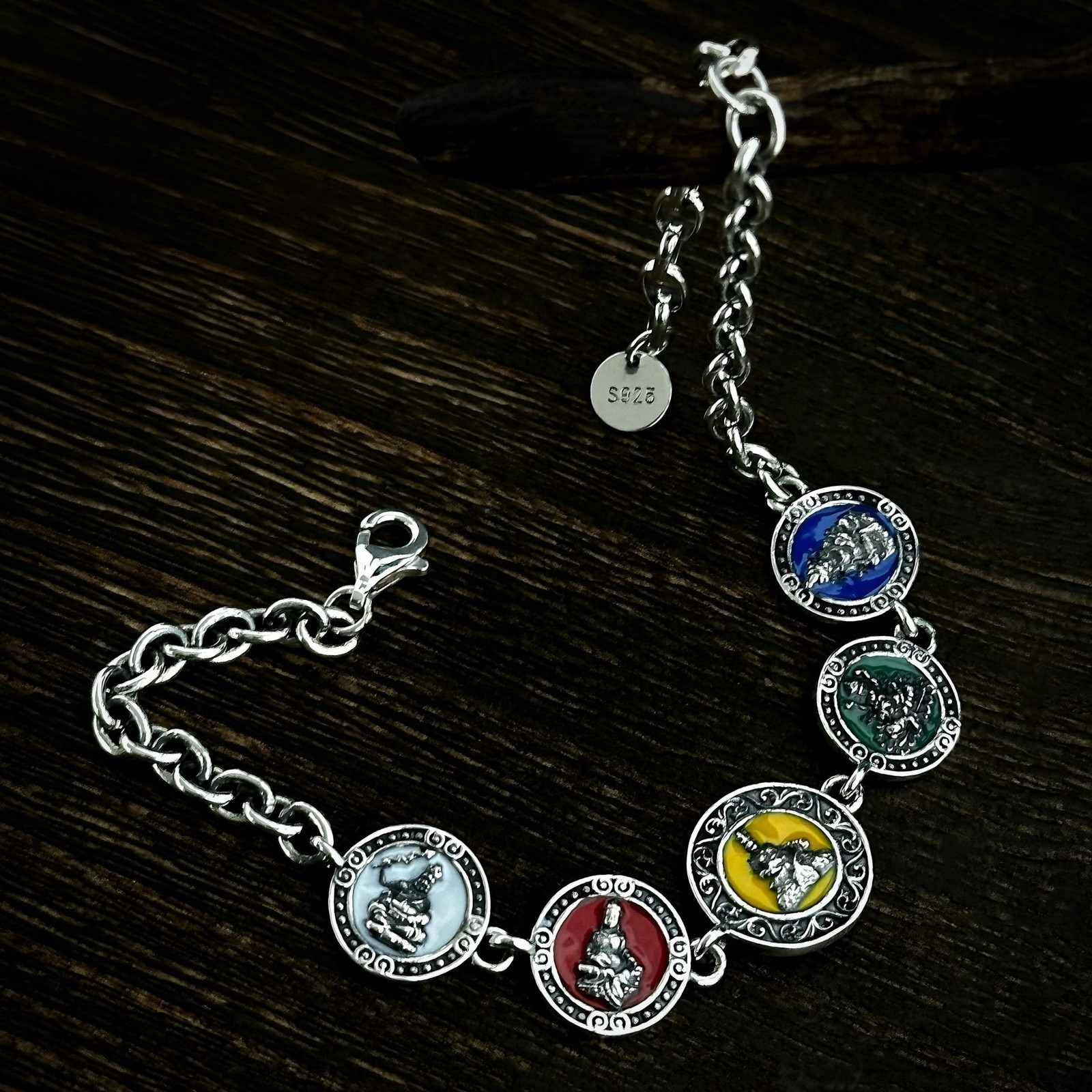Tibetan Five Wealth God Enamel Station Bracelet Reversible Amulet S925 Silver