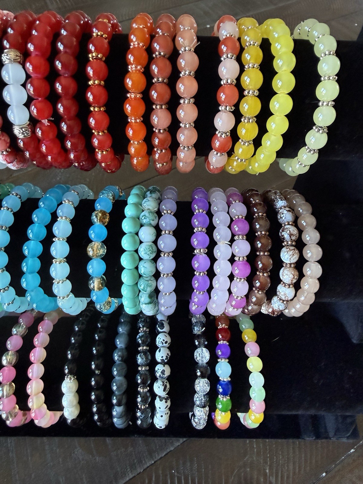 BRAND NEW 43 Bulk Glass Bead Bracelets With 3 Tier Bracelet Stand, Handmade