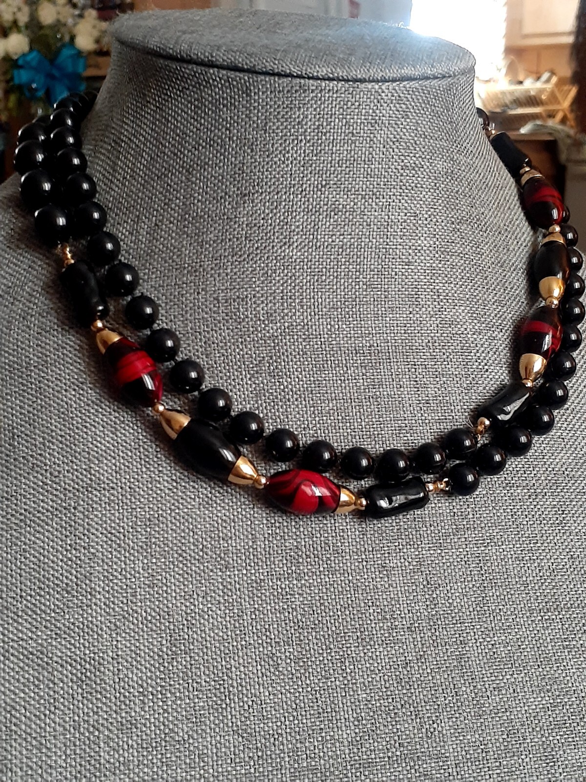 Vintage Lucite Black And Multi color Bead Single strand Necklace