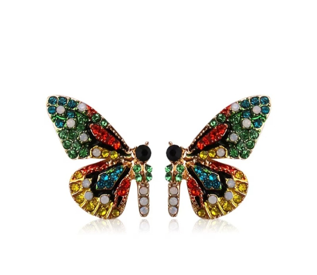 Colorful Rhinestone Butterfly Wing Earrings Gorgeous Bohemian Style Stud Earring
