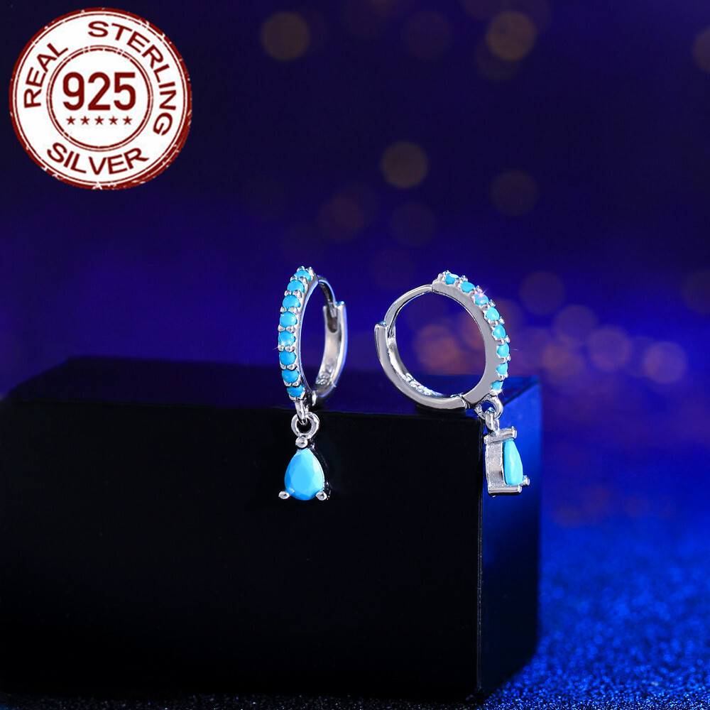 925 Sterling Silver Zircon Blue Turquoise Water Drop Dangle Hoop Huggie Earrings