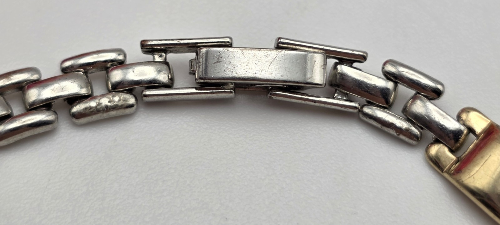 Two Tone Gold Silver Tone Bar Link Bracelet 7.25 In Hidden Fold Over Clasp