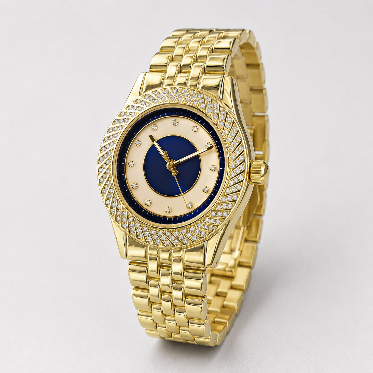 Mens Gold Tone Iced Out Quartz Watch Blue Dial Crystal Bezel Dress Watch 43mm