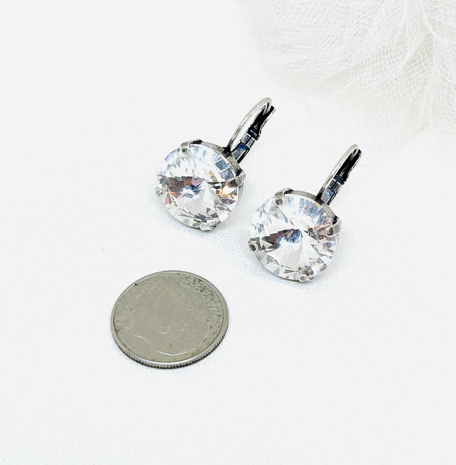 Antique Silver Plated 14mm Clear Crystal Drop Cup Chain Earrings