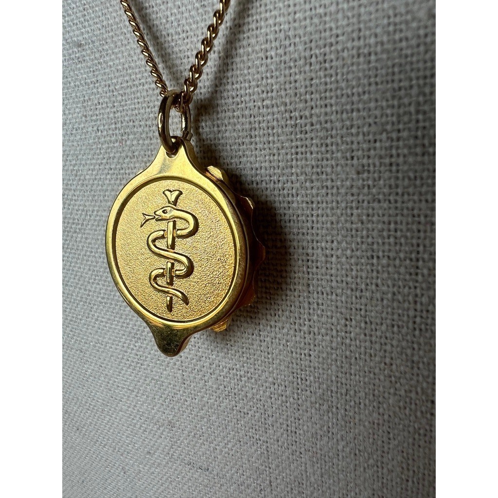 Medical Alert Necklace Emergency info Gold Caduceus Pendant Hidden Compartment