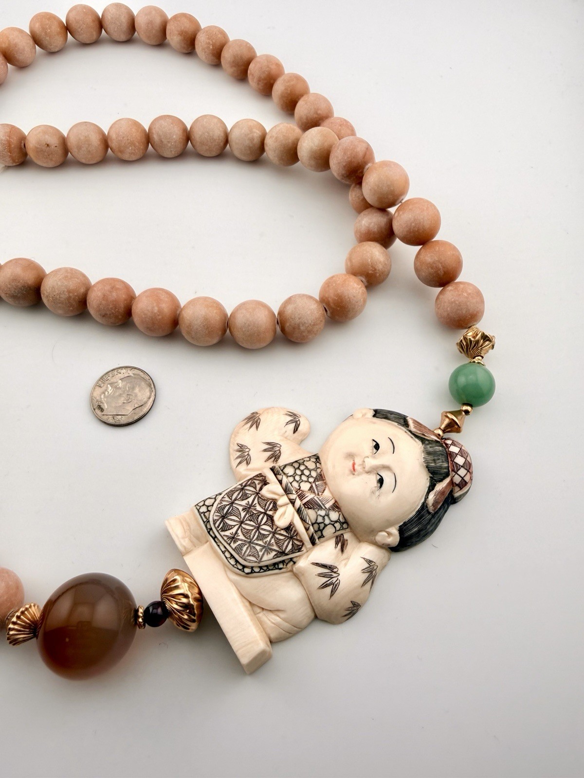 Vintage Necklace Pink Gemstone Flatback Carving Asian Figure 36” RO-DO NOS BL