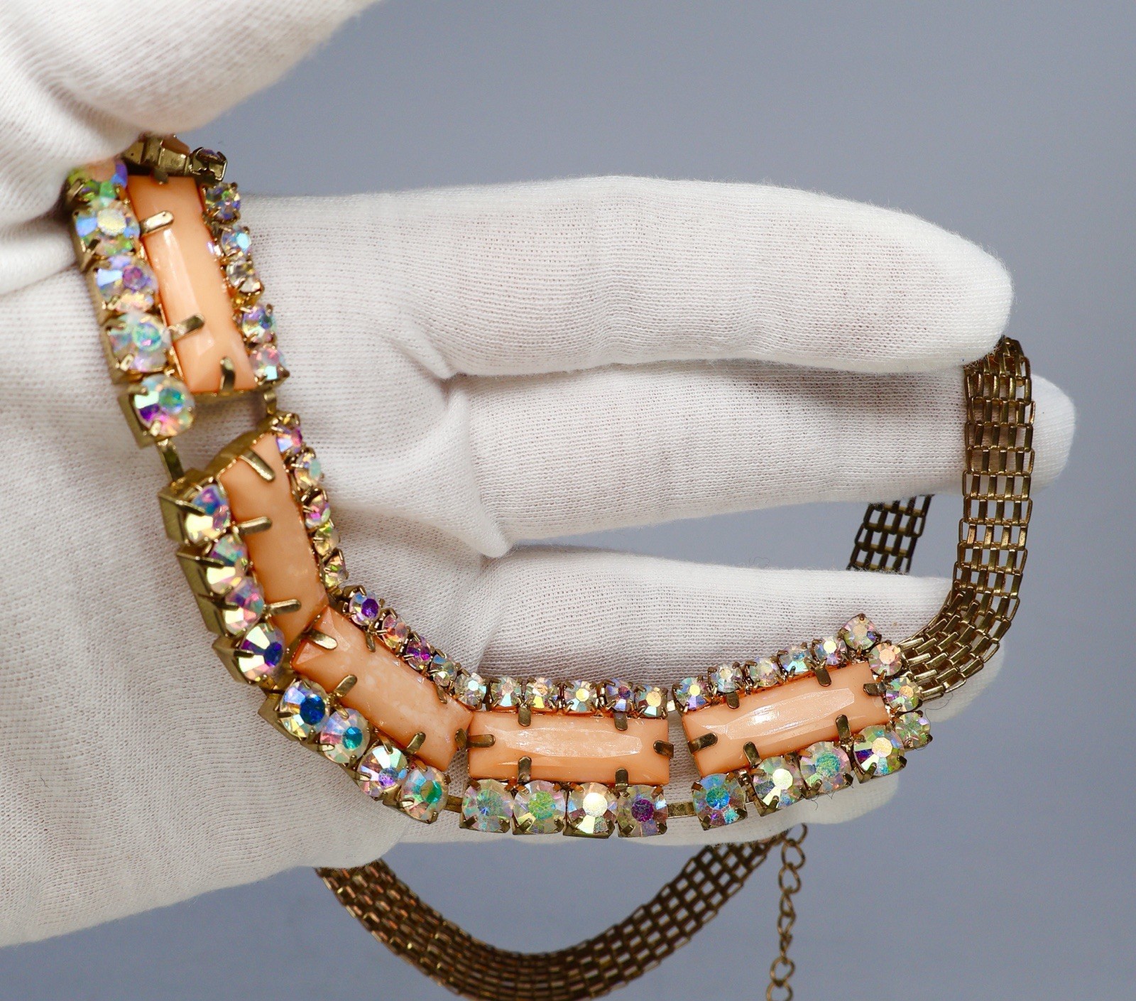 Vintage Statement Necklace AB Rhinestones Orange Peach Acrylic Baguette 18″