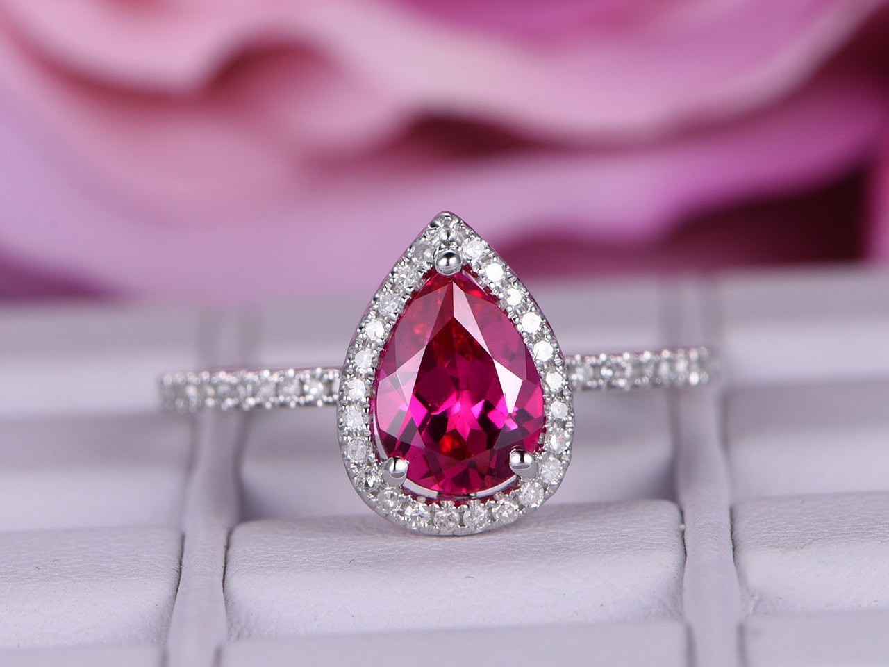 1.90 Ct Pear Cut Natural Ruby Diamond Wedding Ring 14K White Gold Size 8