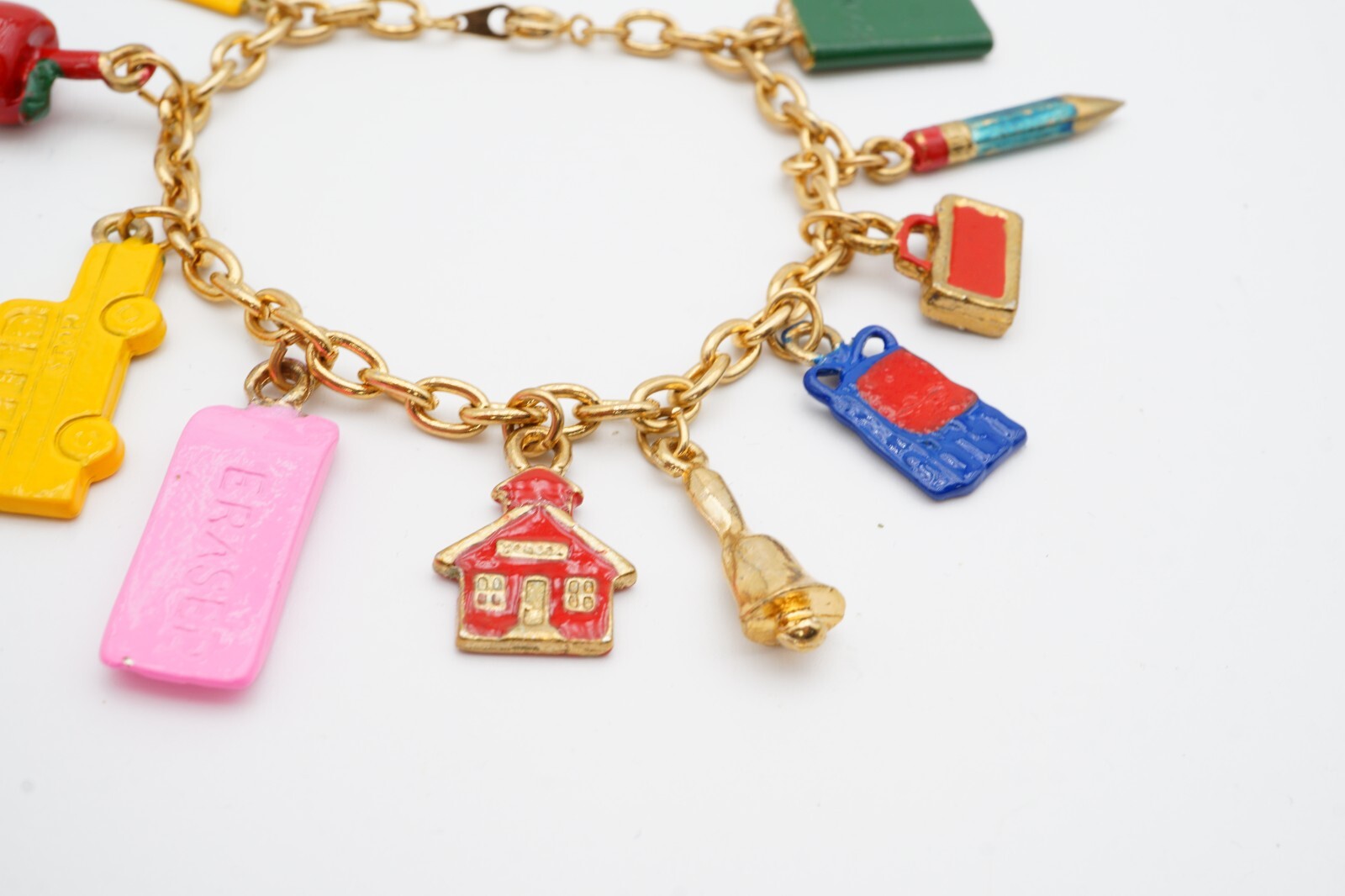 Vintage Charm Bracelet Gold Tone Enamel School Teacher 6.75″