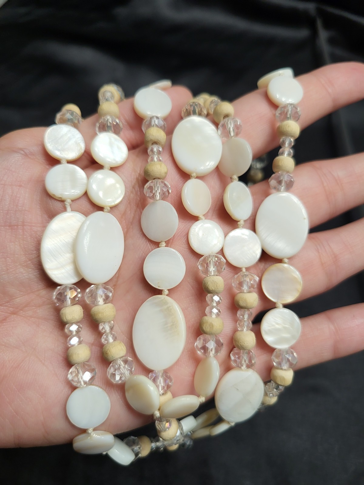 Boho Multi Strand Mother of Pearl Shell Necklace Clear Crystal Wood Bead Layered