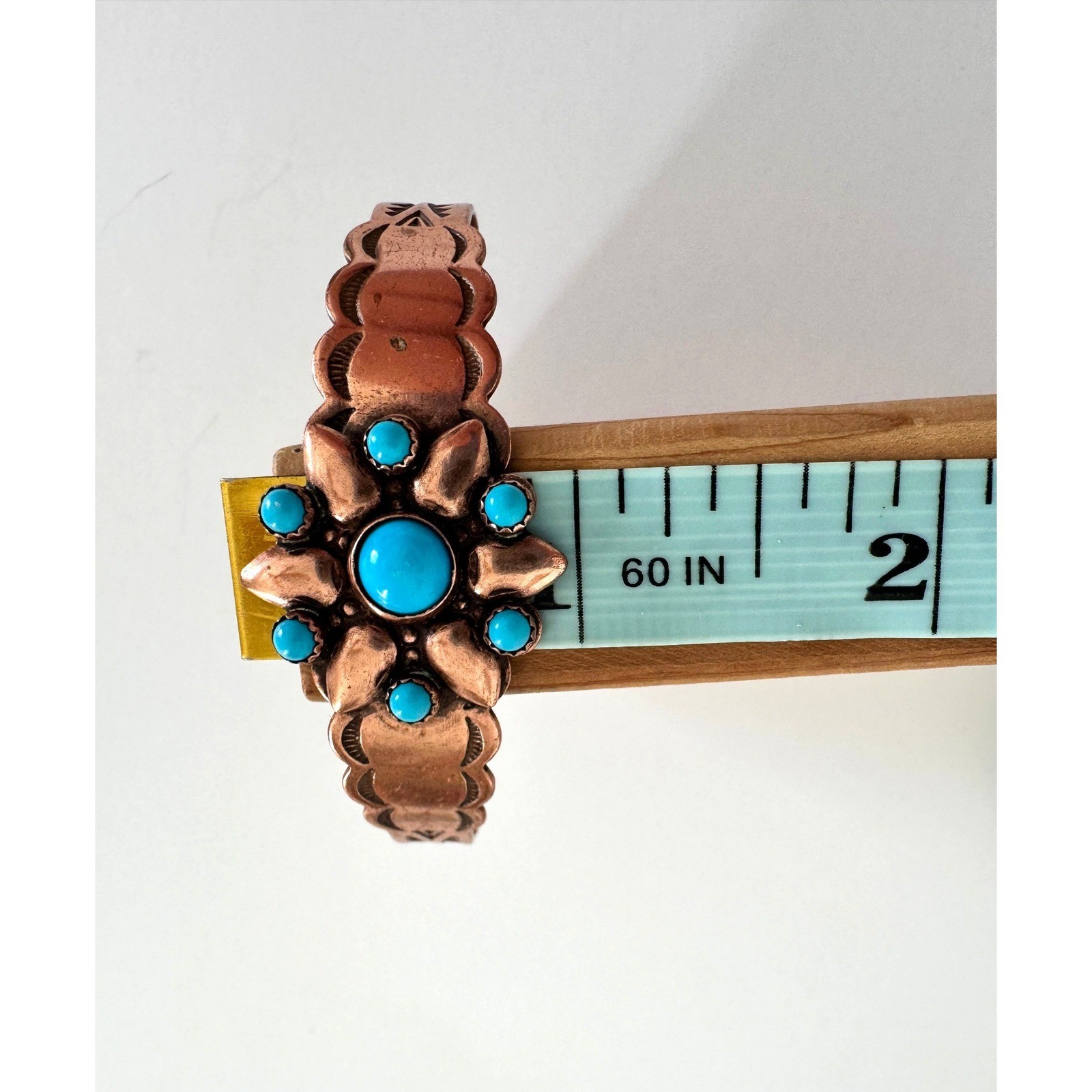 Vintage Solid Copper Faux Turquoise Cuff Bracelet Southwestern Stamped Design