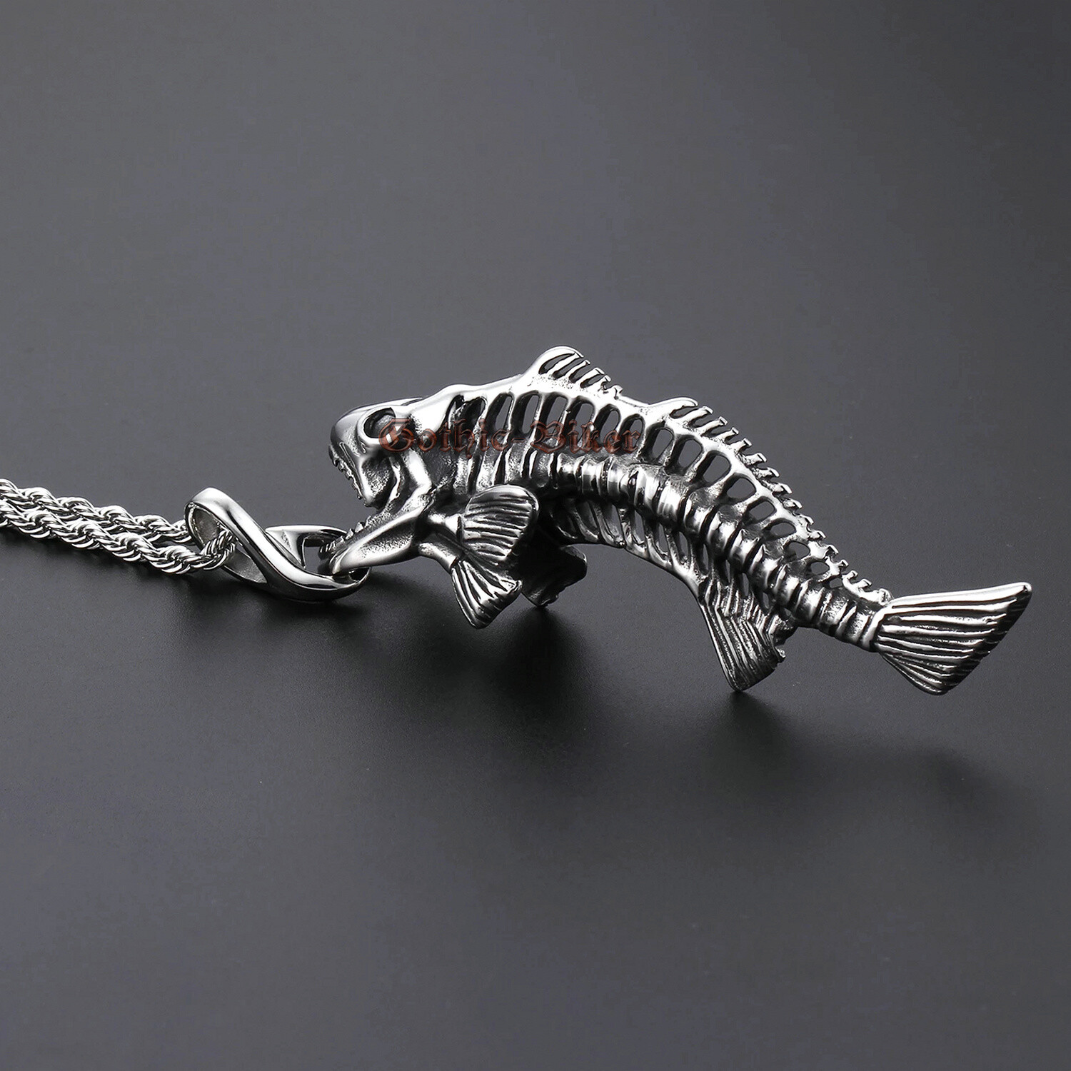 Mens Fishing Fish Bone Skull Skeleton Hook Necklace Pendant Stainless Steel Punk