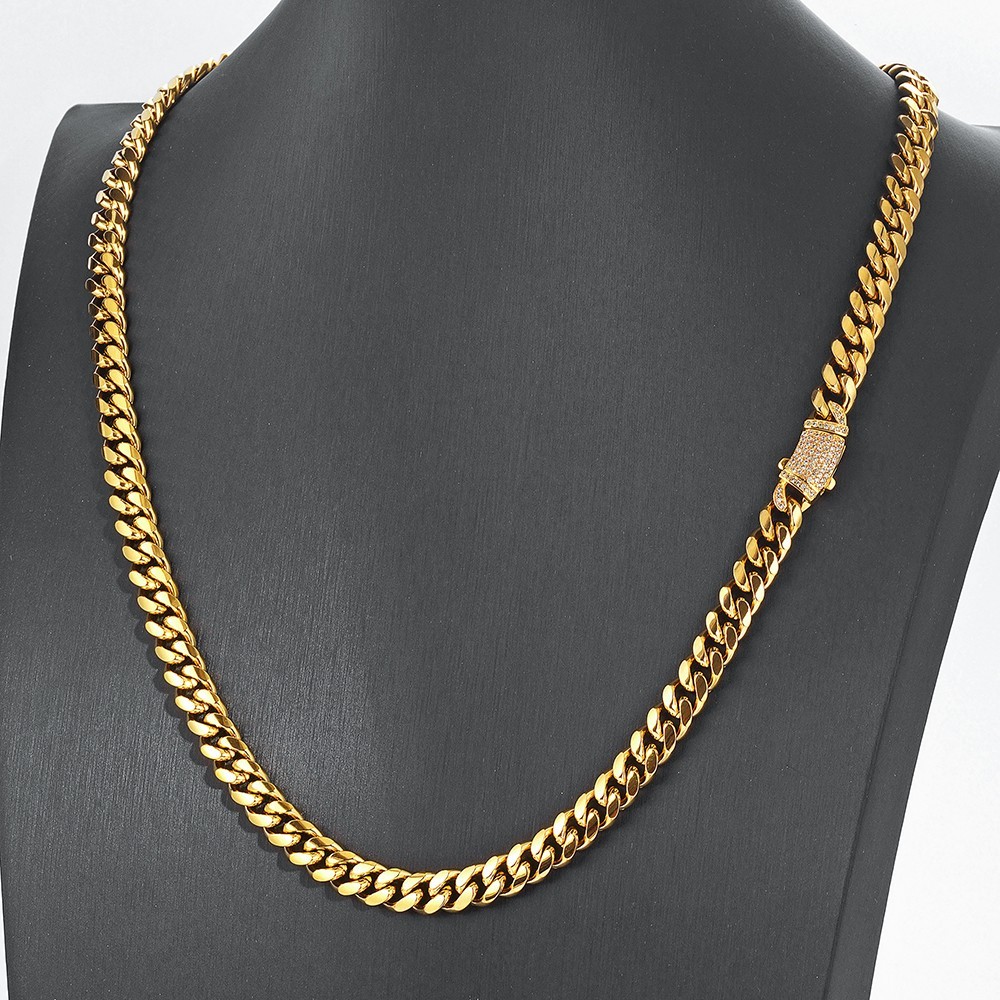8mm Gold Stainless Steel Curb Cuban Link Chain Necklace with Bling CZ Clasp 60cm