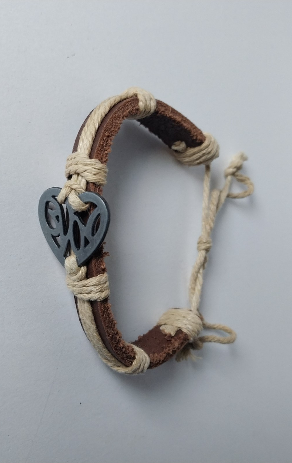 Boho Leather & Hemp Cord Adjustable Bracelet with Metal Heart Charm – Unisex