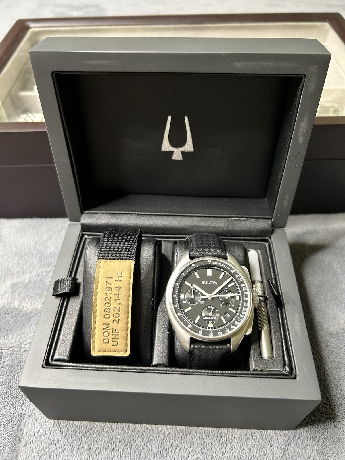 Bulova Lunar Pilot Quartz Chronograph Black Dial Date Leather Strap 50m Box
