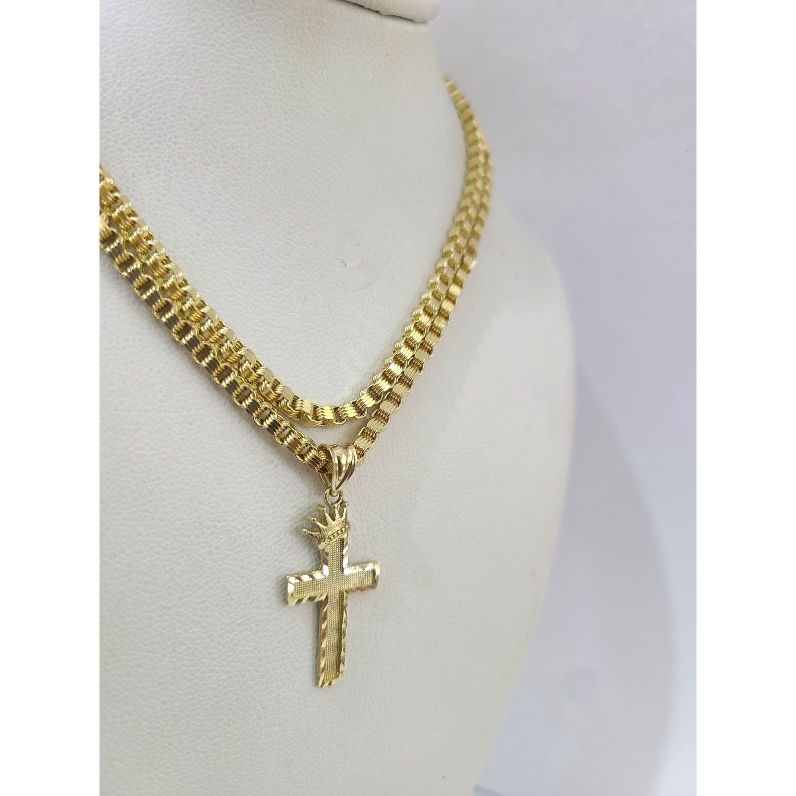 10K Gold 3mm Byzantine Chain Crown Cross Charm Pendant Set 18″-28″ Men Women