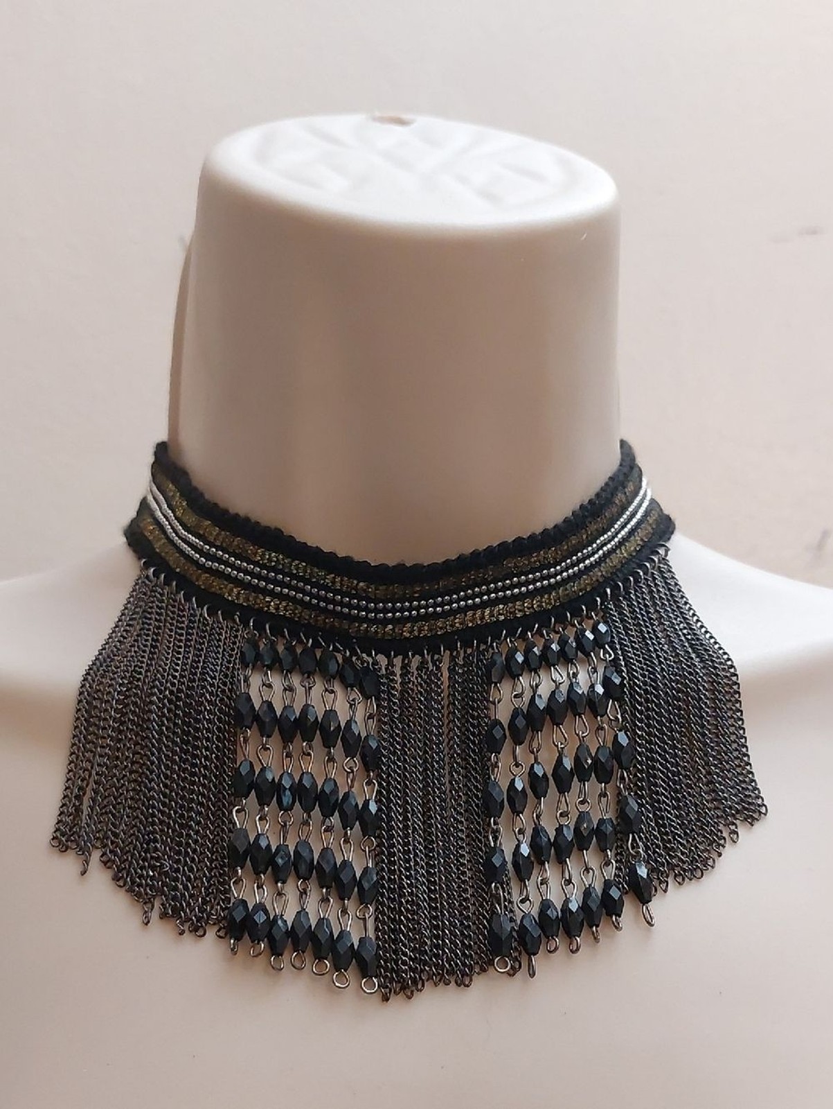 Goth Bohemian Black & Silver Beaded Chain Fringe Choker Statement Necklace