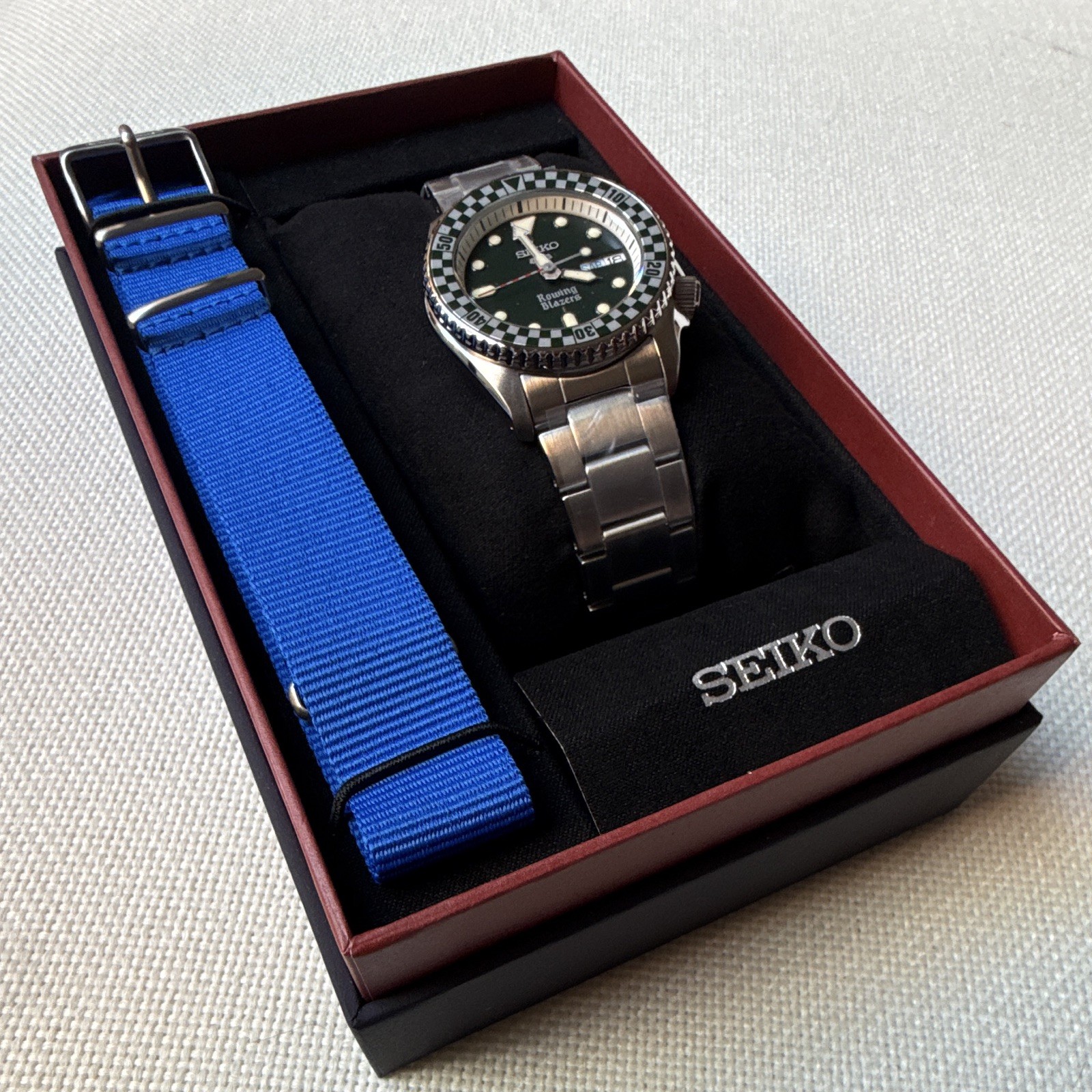 Seiko 5 Sports x Rowing Blazers Auto Green Dial Box/Manual + Blue NATO