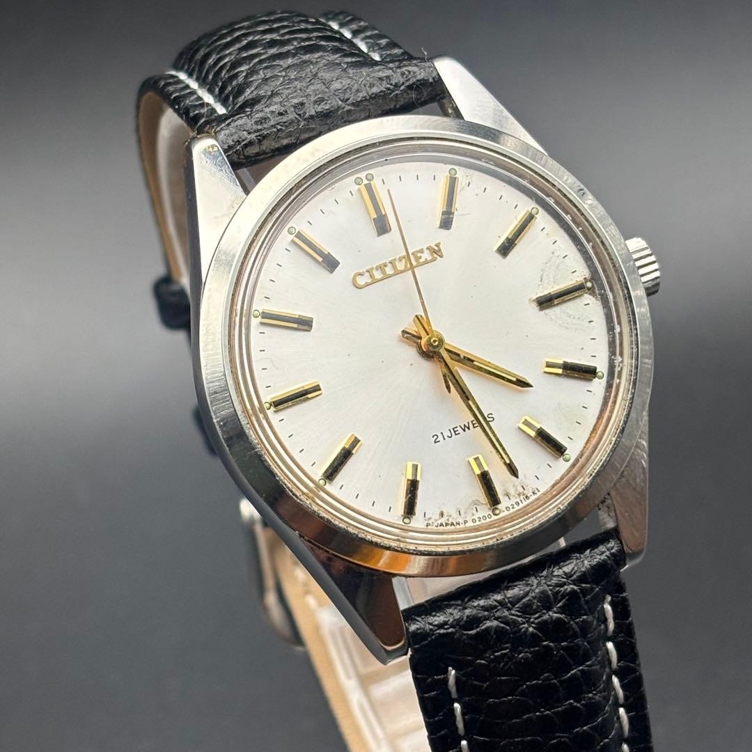 CITIZEN 53-8051 21 Jewels Hand Wind Watch Stainless Black Leather