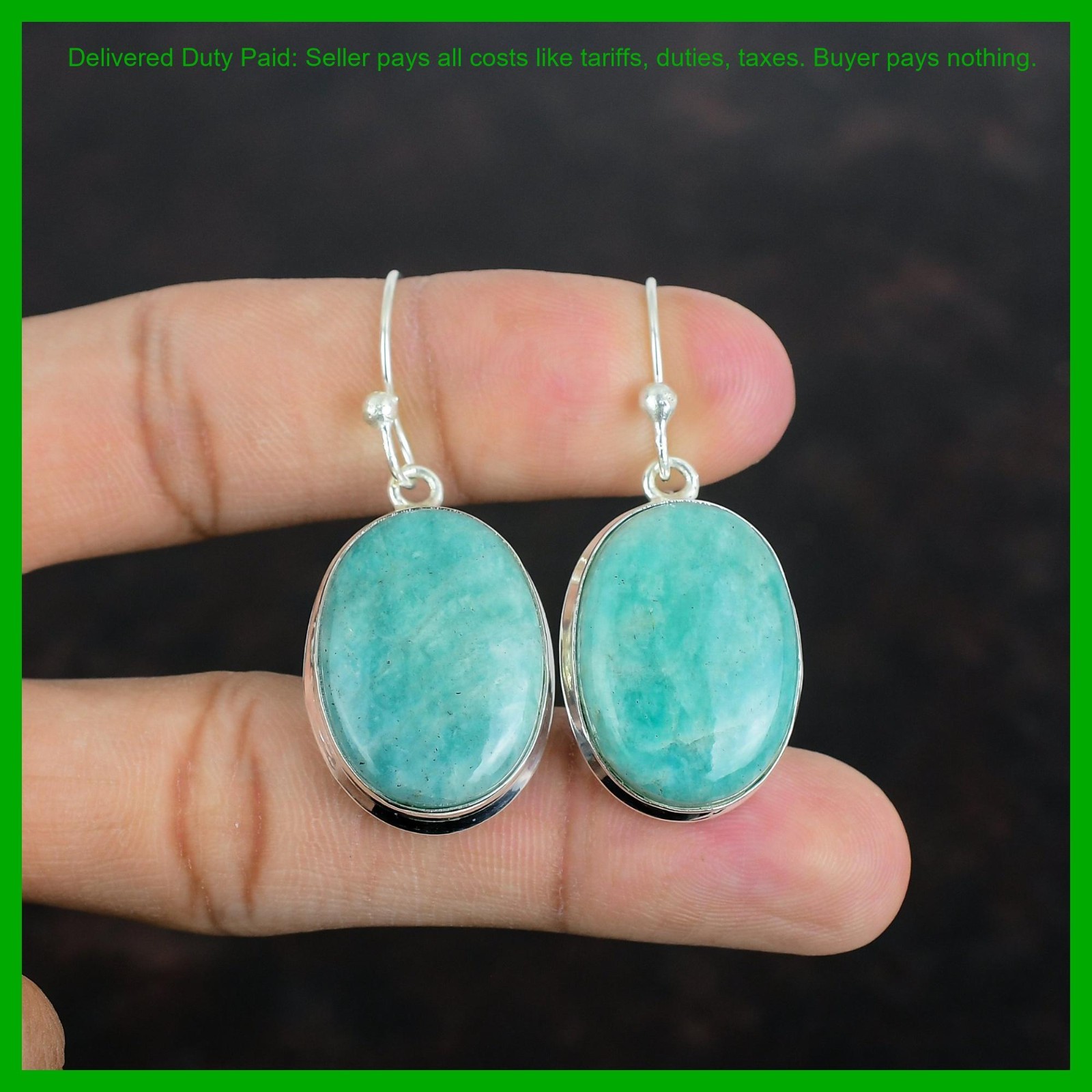 Oval Amazonite Gemstone Dangling Handcrafted Artisan Earrings Jewelry 925 Silver