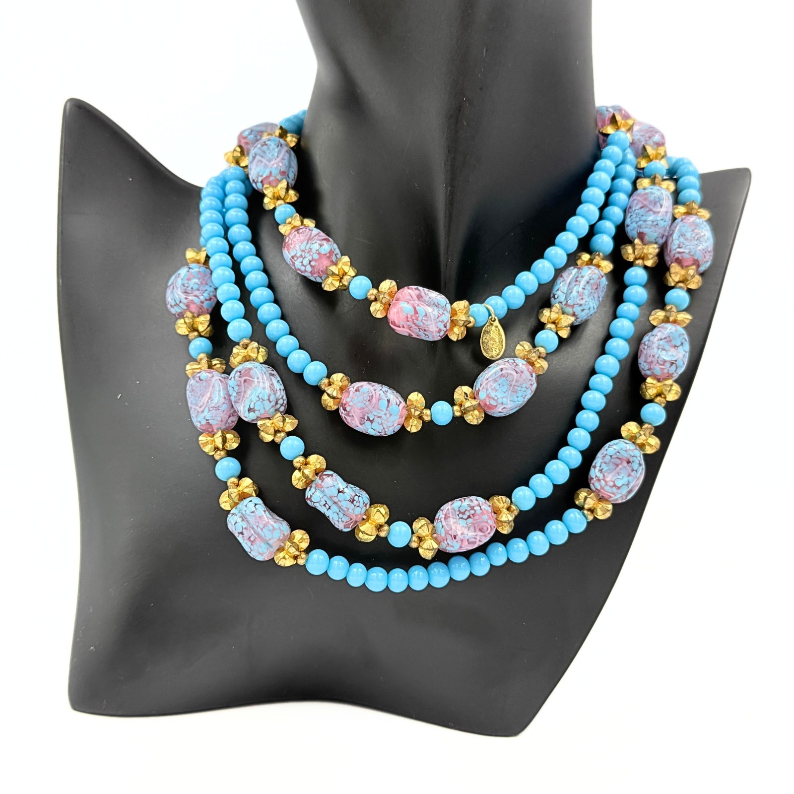 Vintage William De Lillo Couture Wedding Cake Glass Bead Sautoir Blue Necklace